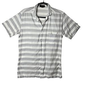 Dev Imports Men's Casual Short Sleeve Button Down White Gray Stripe Polo Shirt L